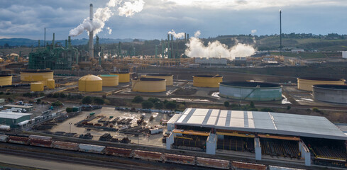 Oil refinery and chimney stacks in Benicia, California, United States.
