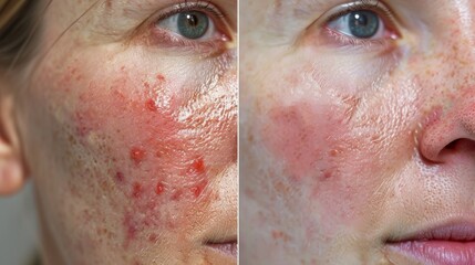 Fototapeta premium A before and after photo showing significant improvement in a psoriasis sufferers skin after using infrared therapy..