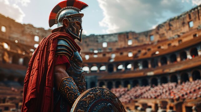 A gladiator stands in the center of an empty colosseum