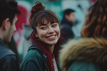 Portrait of a beautiful young woman with red hair on the street