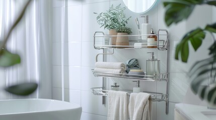 Close-up view of a contemporary bathroom shelf stocked with essential toiletries and neatly folded towels, showcasing organization and style.