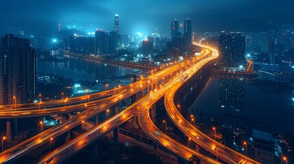 highway overpass with light trails, winding through the city skyline at night