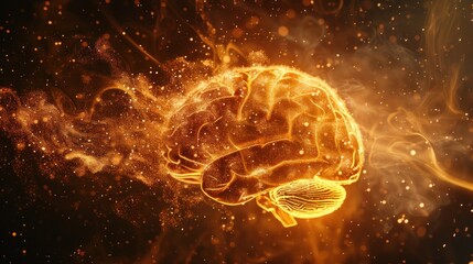 A captivating 3D illustration of a human brain glowing with fiery golden hues, symbolizing intense mental activity, creativity, or cognitive processes.