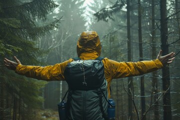 A Solo traveler backpacker opening his arms arriving at the forest,, embracing the nature, enjoying the travel, travelers life