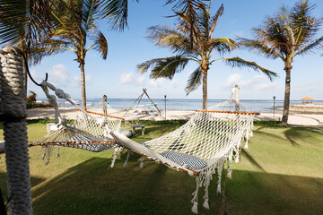 Two enpty hammock between coconut palm tree in fron of the beach. Concept of summer vacation near...