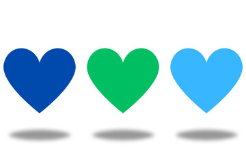 three colorful hearts isolated on white background