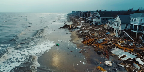 Aerial view of a coastal area devastated by a severe storm surge, showing destroyed homes and scattered debris along the beach. - obrazy, fototapety, plakaty