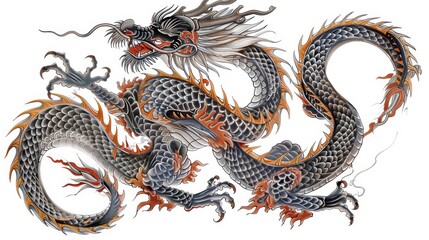Obraz premium Artistic depiction of a dragon Japanese tattoo, winding along the skin with fine details in the scales, embodying strength and wisdom, isolated background