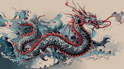 Fototapeta premium Artistic depiction of a dragon Japanese tattoo, winding along the skin with fine details in the scales, embodying strength and wisdom, isolated background