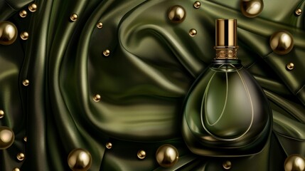 The bottle of perfume on an olive green silk fabric folded background with golden pearls. The packaging for a perfume for men and women. The illustration is a realistic modern.
