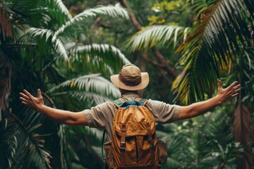 A Solo traveler backpacker opening his arms arriving at the tropical forest,, embracing the nature, enjoying the travel, travelers life