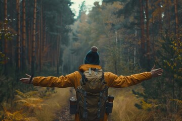 A Solo traveler backpacker opening his arms arriving at the forest,, embracing the nature, enjoying the travel, travelers life