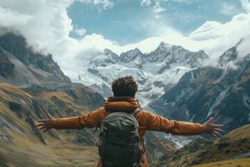 A Solo traveler backpacker opening his arms arriving at the mountains, embracing the nature, enjoying the travel, travelers life