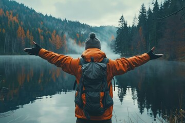 A Solo traveler backpacker opening his arms arriving at the lake between the forest embracing the nature, enjoying the travel, travelers life