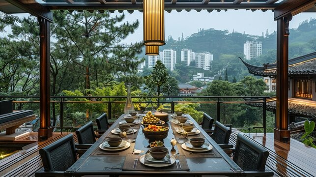 A dining table was set up with Chinese style dishes and surrounded by black chairs around a large tabletop on the balcony of an Asian-style villa overlooking pine trees in greenery. Generative AI.