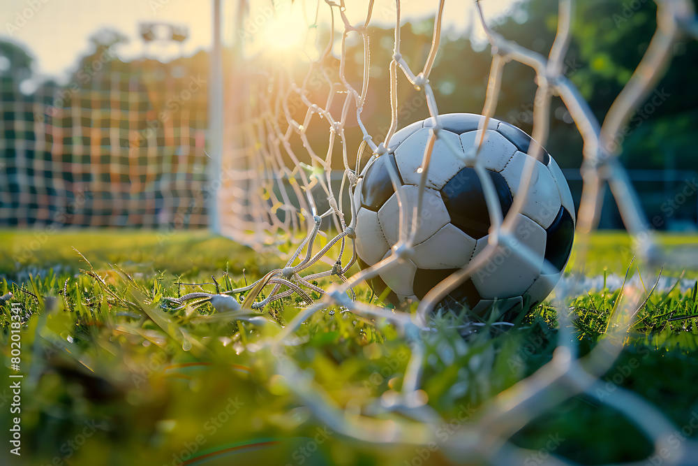 Wall mural closeup of a soccer ball in a goal, on a green grass field with a net and background. football sport