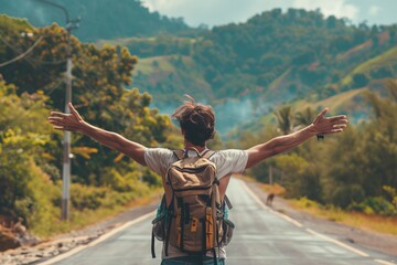 A Solo traveler backpacker opening his arms arriving at the large road, embracing the nature, enjoying the travel, travelers life