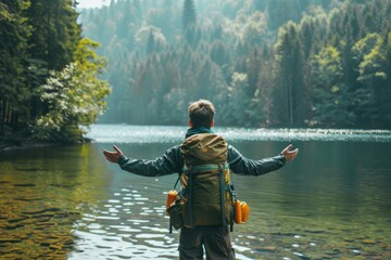 A Solo traveler backpacker opening his arms arriving at the lake between the forest, embracing the nature, enjoying the travel, travelers life