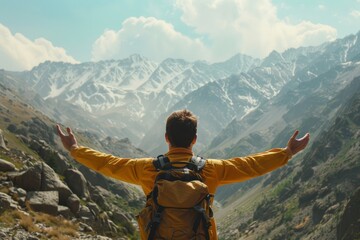 A Solo traveler backpacker opening his arms arriving at the mountains, embracing the nature, enjoying the travel, travelers life