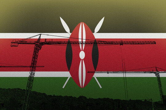 Kenya flag with big cranes, building in Kenya, heavy lifting, urban site building, growth 