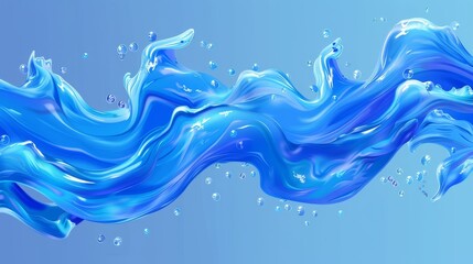 A realistic modern illustration of a flowing water stream and air bubbles. Blue transparent liquid flow with air bubbles.