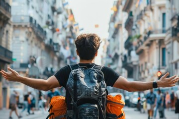 A Solo traveler backpacker opening his arms arriving at the City , enjoying the travel, travelers life