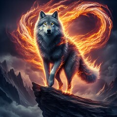 king wolf in the night with fire beautiful