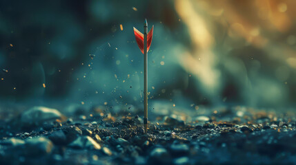 Fototapeta premium A small arrow is stuck in the ground, surrounded by rocks