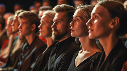 Obraz premium A group of people are sitting in a theater, watching a performance