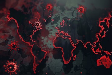 An ominous shadow of the Disease X virus on a world map, glowing in red, the spread and impact of the pathogen on a global scale - obrazy, fototapety, plakaty
