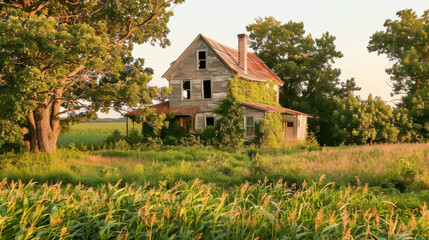Obraz premium A large, old house sits in a field of tall grass