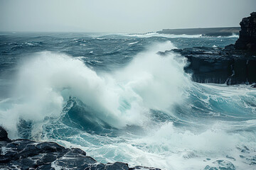 The ocean is rough and the waves are crashing against the rocks