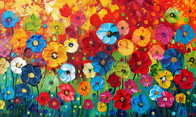 Vivid Flowers Fields, beautiful pattern in oil painting 