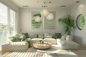 White modern living room with green accents, large sofa and coffee table in the center of the space