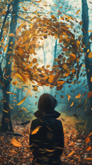 A person is standing in a forest with leaves falling around them