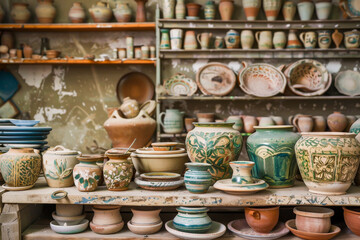 A table full of pottery with a variety of shapes and sizes