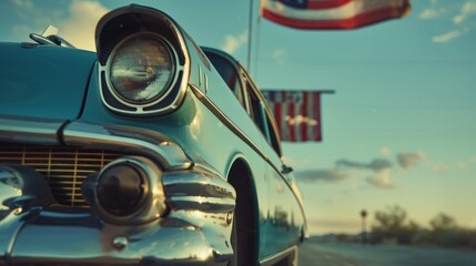 Adventurous close-up shot of an American flag mounted on a classic car traveling the historic Route 66, solitude background