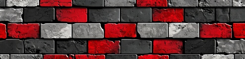A detailed 3D illustration of a brick wall featuring a striking combination of red, black, and grey tones, perfect for architectural projects and design concepts - obrazy, fototapety, plakaty