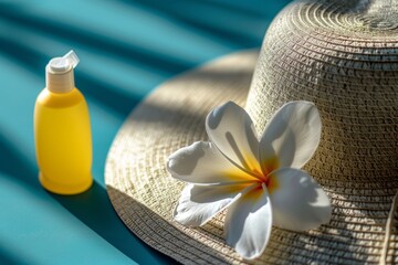 Capture the essence of summer with a straw hat, sunscreen, and tropical flower