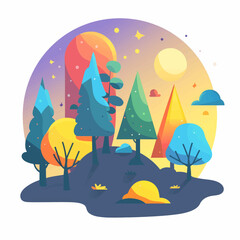 A colorful drawing of a forest with trees of different colors