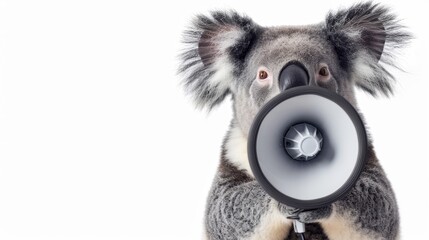 Koala bear making announcement with handheld speaker for notification and warning