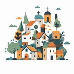 A colorful drawing of a town with a church and a clock tower