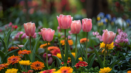 Obraz premium May Blossoms in Bloom, Capture the vibrant beauty of spring flowers blooming in the month of May. Photograph colorful blossoms such as tulips, daisies, and cherry blossoms against a backdrop of lush