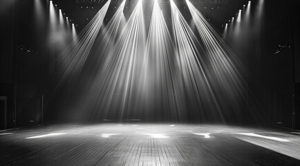 A very modern empty theater stage, view of the stage alone, black and white light line drawing,...