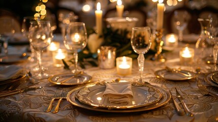 A table adorned with elegant linens polished silverware and flickering candles sets the scene for a zeroalcohol gourmet experience.