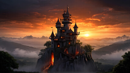 Medieval lookout tower ablaze with ethereal fantasy concept art, perched on a hillock beside a meandering rivulet,