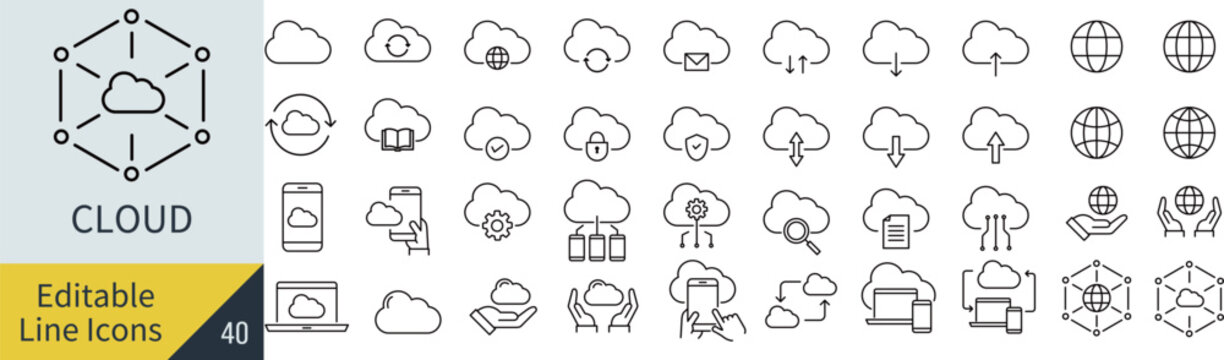 線の編集ができるベクターのクラウドのアイコンセット（アウトライン化していない）