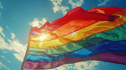 Rainbow Pride Flag Close-Up, Capture the vibrant energy and symbolism of a rainbow pride flag fluttering in the breeze at a pride parade.
