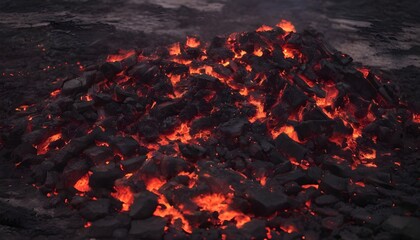 Embers glowing red hot in the aftermath of a raging inferno - obrazy, fototapety, plakaty