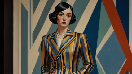 Art Deco Woman Portrait in a Striped Suit